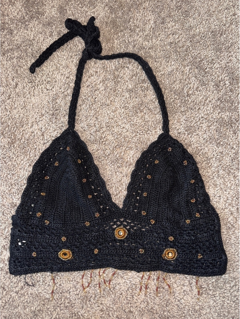 100% Cotton Handmade Medium Boho Crochet Fringe Patterned Bralette Halter Top